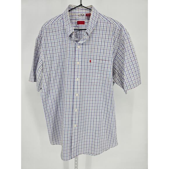 Izod Mens Sz L Short Sleeve Button Up Shirt Plaid Spring Summer 100% Cotton - Picture 1 of 3